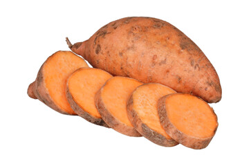 Whole potatoes with some slices isolated transparent