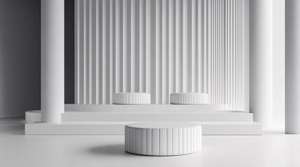Obraz premium Minimalist white podium with pillars and textured wall background. Generative ai