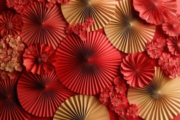 Obraz premium Paper fan medallion chinese new year decoration. Concept of Happy Chinese New Year festival background. 3D rendering with generative ai