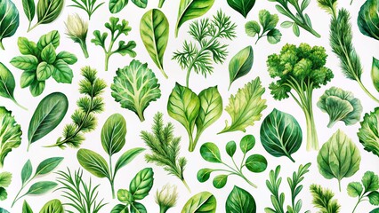Isolated Seamless Watercolor Pattern of Green Vegetables and Herbs on White Background for Organic and Fresh Design Projects