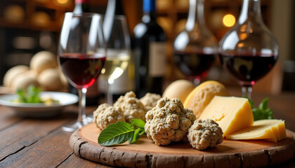 Truffle and wine pairing background, white truffles paired with Tuscan wines and cheeses on a rustic wooden board, celebrating the region&rsquo;s rich culinary tradition and expertise