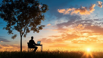 Obraz premium Embracing remote work a silhouette of innovation against a vibrant sunset landscape highlighting the freedom and flexibility of modern work practices