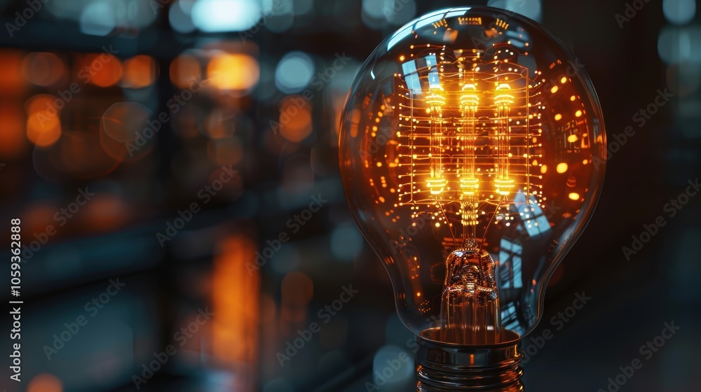Poster innovative technology concept: digital light bulb with circuit board patterns for modern business de