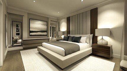 A modern bedroom with a large bed, a white rug, and a bedside table with a lamp. There is a large window with white blinds, and a picture of a seascape on the wall.