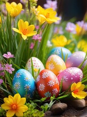 Colorful Easter eggs nestled among vibrant spring flowers in a lush garden setting.