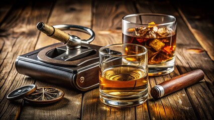 Lighter, Ashtray, Cigar Cutter, Whiskey Glass, and Bottle on Rustic Wooden Table - Perfect for Relaxation and Sophisticated Ambiance in Food Photography