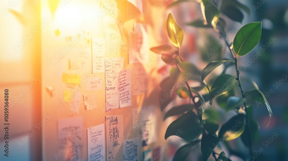 Poster a corkboard with many colorful sticky notes covered in handwritten notes, sunlight shines through a 