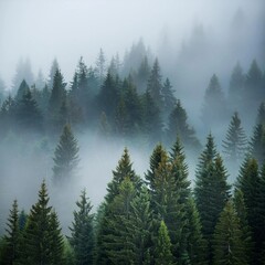 pine trees in fog - forest background