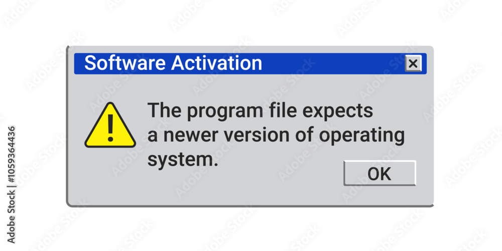 Poster software activation message. old warning notification in retro style. warning pop up window.