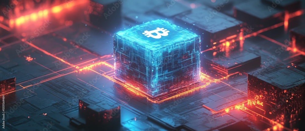 Poster a glowing blue cube with a bitcoin symbol inside sits on a circuit board with red glowing lines.