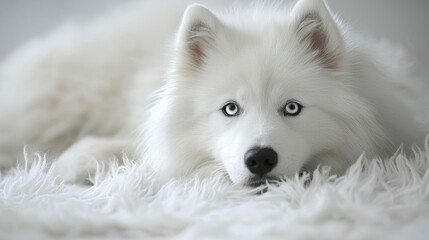 Naklejka premium White Dog with Blue Eyes Resting on a White Furry Surface