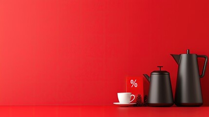 Fototapeta premium Stylish Black Teapot and Cup on Red Background