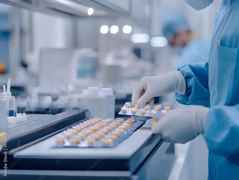 Poster laboratory process with medication trays and gloves