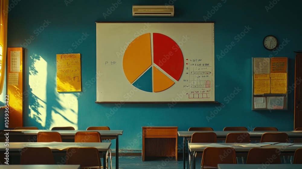 Poster an empty classroom with a pie chart on a whiteboard.