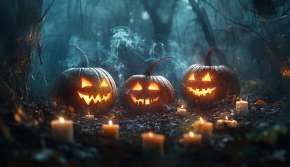 Naklejka premium carved pumpkins with smiling faces sit on the ground around them,a dark forest background creating a spooky Halloween scene