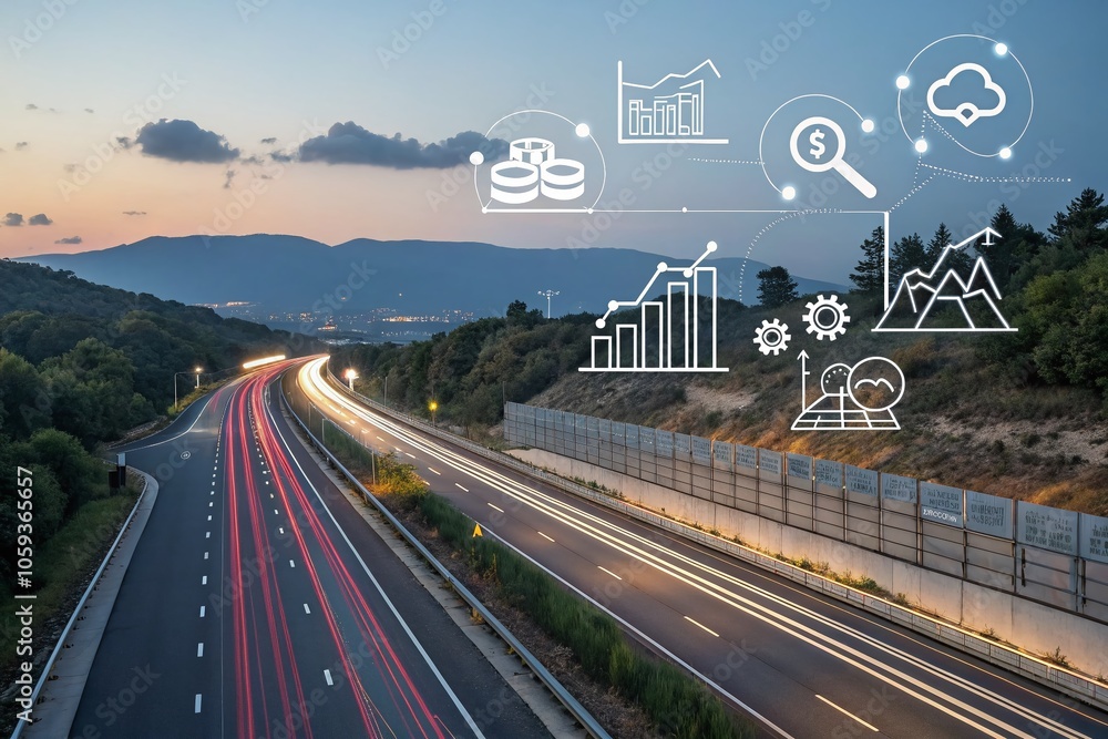 Poster long exposure web assessment analysis with quality process icons in line style for seo optimization