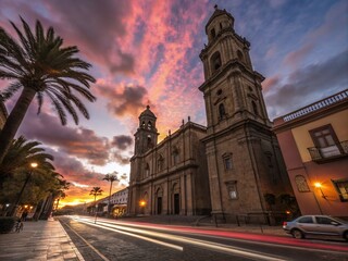 Obraz premium Long Exposure Time Lapse of Las Palmas Cathedral Bell Tower with Dramatic Sky and Cloud Movement