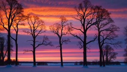 Obraz premium Silhouetted winter trees against vibrant sunset sky with colorful clouds