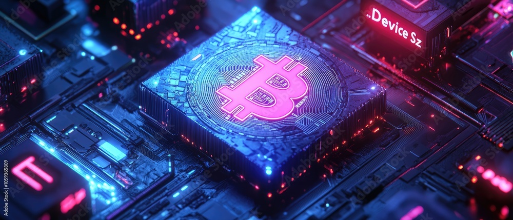 Poster a glowing pink bitcoin symbol sits on a futuristic circuit board, representing cryptocurrency and bl