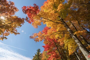 Low Angle View of Colorful Autumn Tree Tops with Windy Leaves - Captivating Fall Scenery
