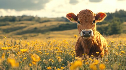 A young brown cow stands in a field of yellow wildflowers, looking directly at the camera.