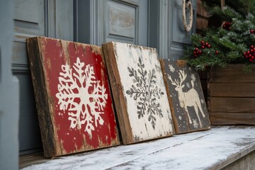 Painted holiday prints motifs like snowflakes or reindeer onto pieces of reclaimed wood using stencils. Sand the edges slightly for a distressed, rustic look, perfect for entryways or porch decor