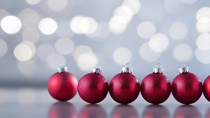 Row of Red Christmas Ornaments with Festive Sparkle Against a Soft Silver Bokeh Background – Perfect for Holiday and Christmas Themes