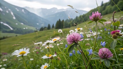 Fototapeta premium Low Light Photography of Spring Mountain Meadow with Wildflowers: Daisies, Clover, and Bluebells in Bloom