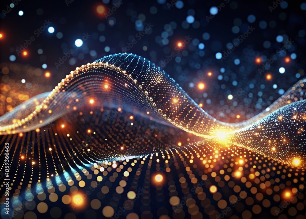 Poster luminous wave with bokeh effect on dark background - technology and science banner 3d rendering