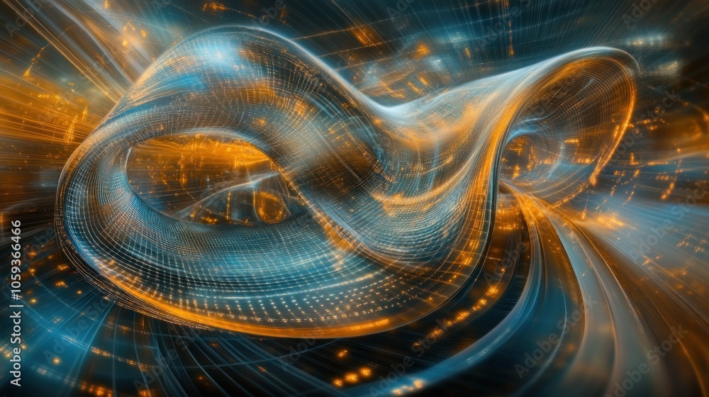 Poster abstract blue and orange swirl with glowing particles and lines.