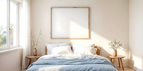 Mock up poster frame in Coastal interior background and Relaxed Decor, bedroom, minimalistic style, template