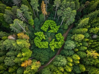 Naklejka premium Lush Forest Recycle Symbol - Eco-Friendly Drone Photography of Vibrant Greenery and Trees