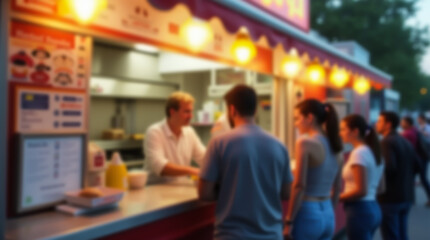 Fototapeta premium Street food from a food truck against the backdrop of city life and streets