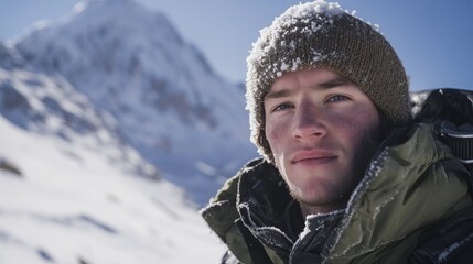 Man with a green hat and a green jacket is standing in the snow