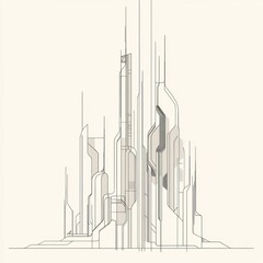 This artwork showcases a minimalist city skyline, highlighting futuristic architecture with clean lines and geometric designs. Generative AI