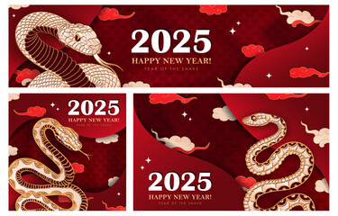 Set of red banners with hand drawn paper cut Oriental Snake as a traditional symbol of 2025 Lunar New year. Horizontal greeting cards with Asian decorations - clouds, stars, reptile scales. Paper art