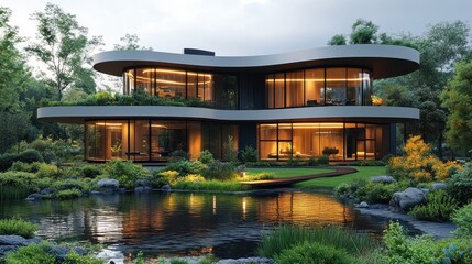 Obraz premium Modern, luxurious, and contemporary house with a pond and landscaped garden at twilight.