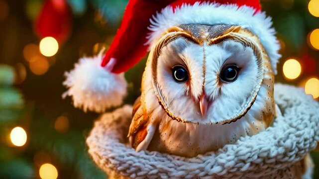 Noble white owlet with Christmas gifts in a festive interior