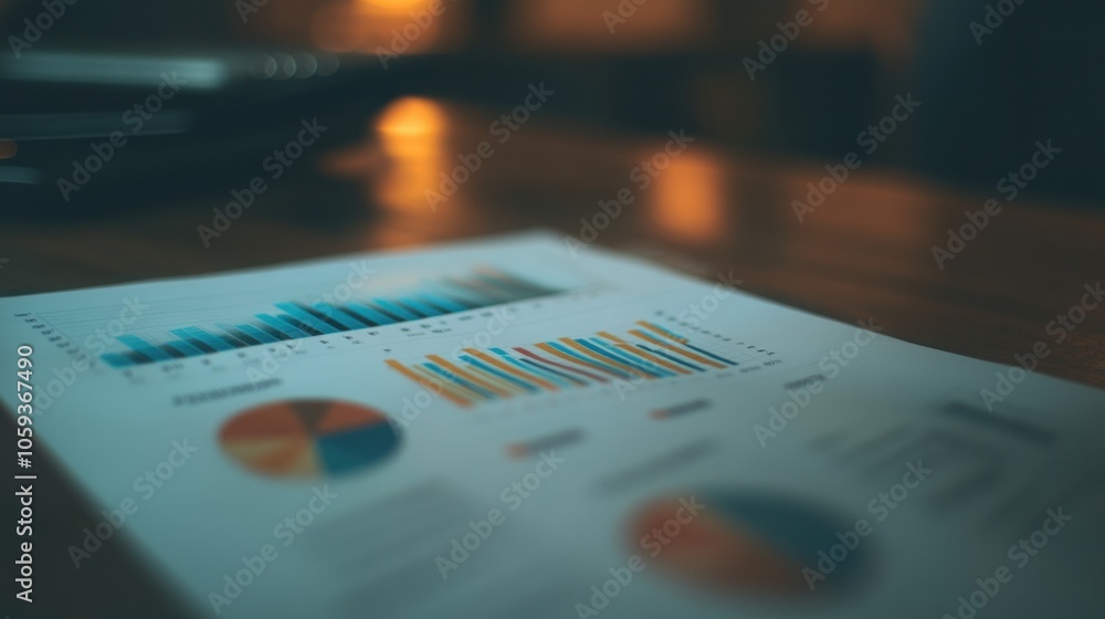 Poster a close-up of a financial report with charts and graphs on a desk.