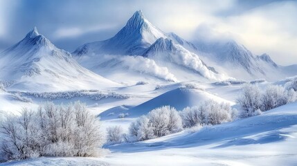 A breathtaking view of snow-capped mountains and a snowy landscape with trees covered in frost.