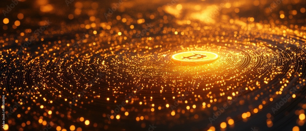 Poster a golden bitcoin coin in a vortex of glowing particles.