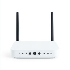 A compact white wireless router featuring two antennas and multiple ports for connectivity.