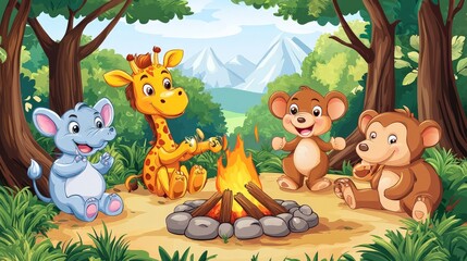 Animals involved in a social activity, chatting and playing games around a campfire