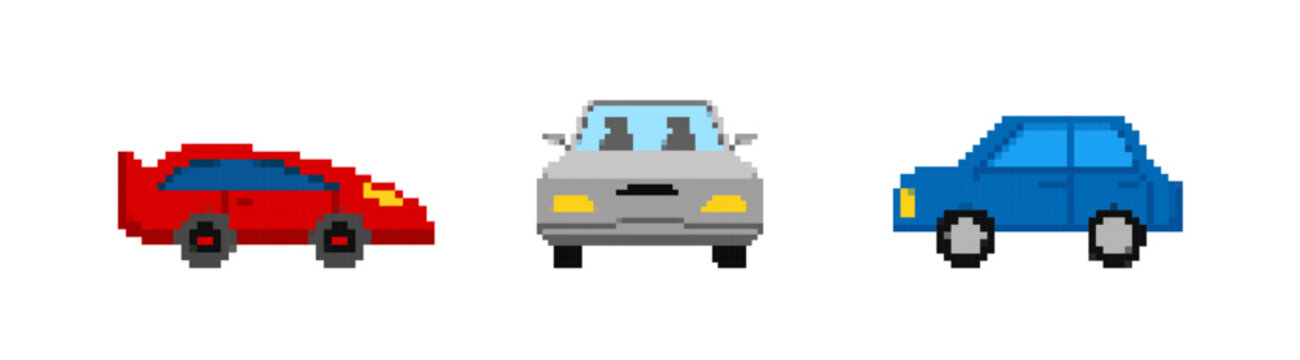 Colorful pixel cars set. Arcade red racing transport with blue 8bit graphics for game design and movement with retro vector style