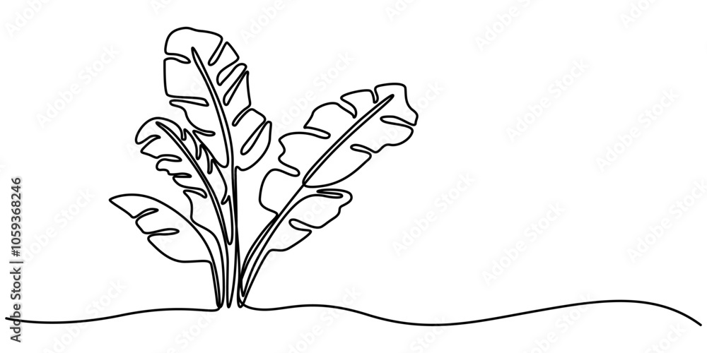 Poster bird of paradise banana leaf continuous line drawing, banana leaves with banana tree continuous line