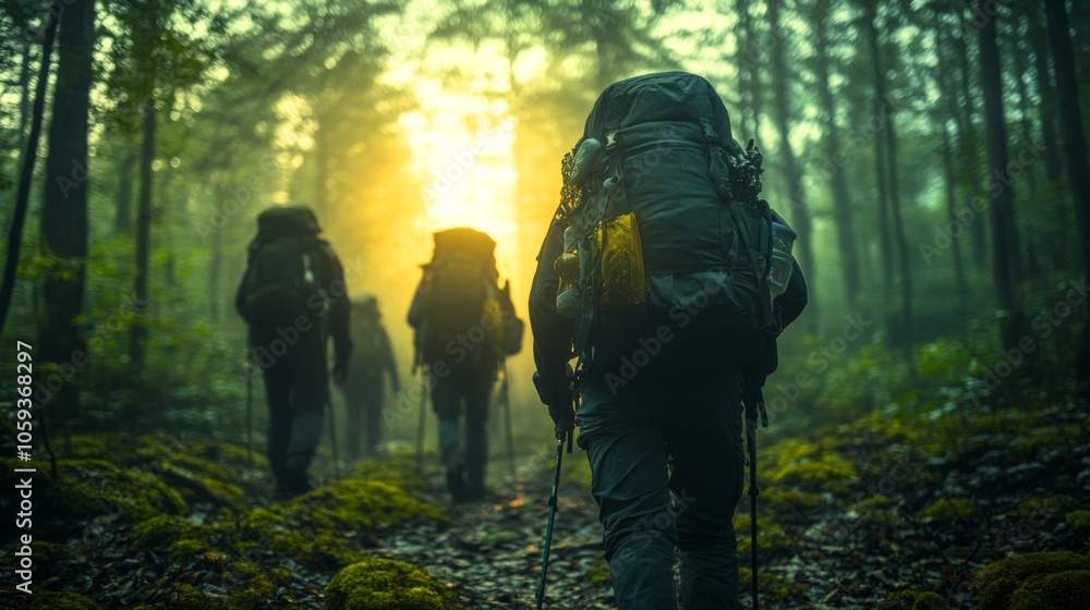 Aufkleber A group of hikers with backpacks trek through a serene forest, illuminated by warm sunlight filtering through the trees, creating a peaceful and adventurous atmosphere.