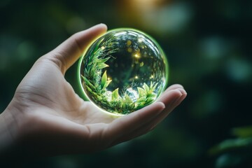 A person holds a small globe reflecting a lush green landscape while surrounded by nature