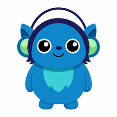 Cute little blue cartoon monster with headphones on white background