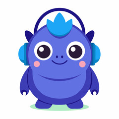 Cute little blue cartoon monster with headphones on white background
