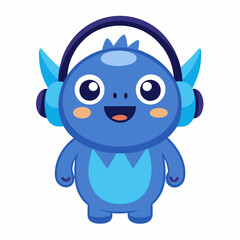 Cute little blue cartoon monster with headphones on white background